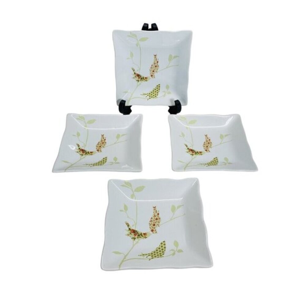 222 Fifth 6" Square Plates Set Bird & Leaf Botanical Ruffle Appetizer/Dessert